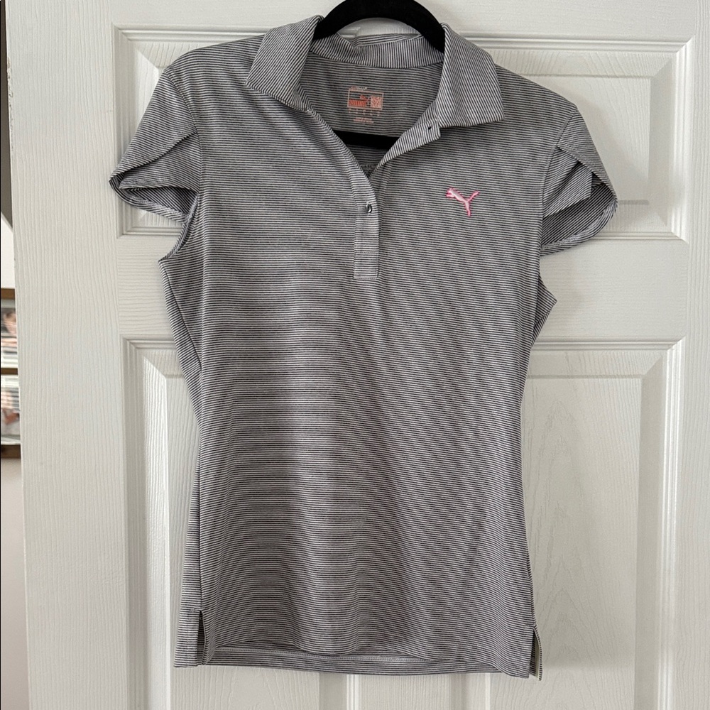 Puma Women's Short Sleeve Gray Polo with Pink Logo. Super flattering fit!